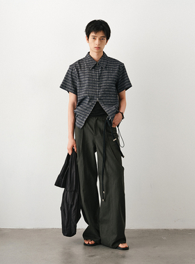 DIMC皱感肌理格纹拉链短袖衬衫 下摆抽绳束腰蓝色男女宽松衬衣