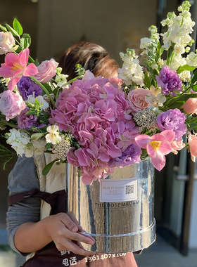 镜面银色抱抱桶圆形套二鲜花盒永生花盒七夕情人节亮银花束抱抱桶