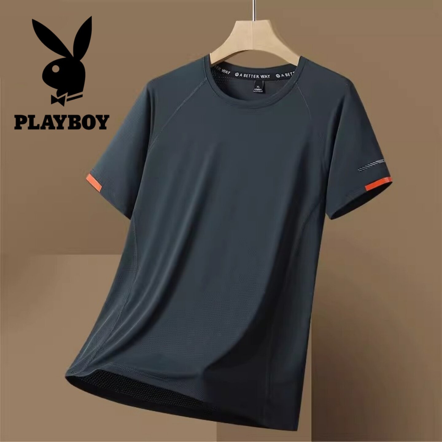花花公子冰丝短袖T恤男夏季新款宽松圆领透气大码休闲运动速干衣