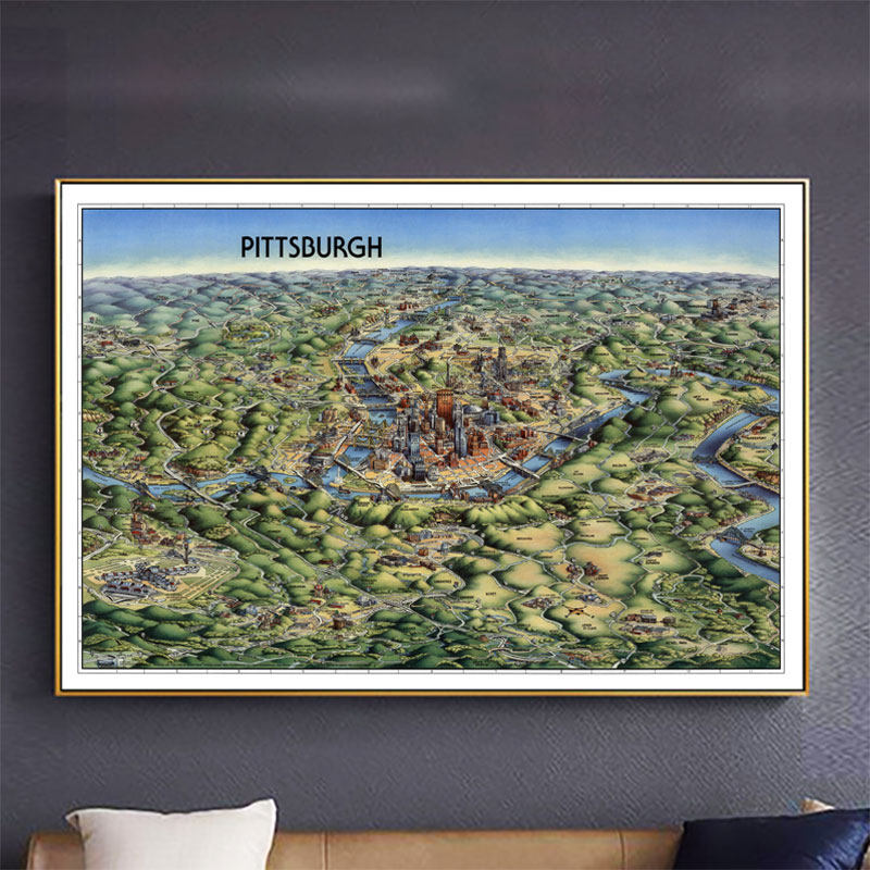 匹兹堡鸟瞰手绘地图装饰画 pittsburgh美国工业城市地理旅游挂画