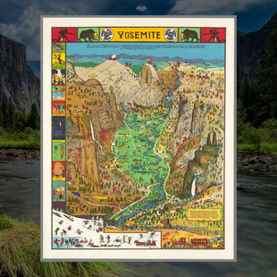 Yosemite优胜美地国家公园地图海报 约塞米蒂旅游指南插画墙画