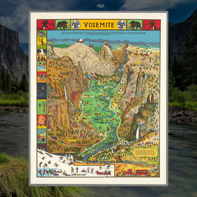 Yosemite优胜美地国家公园地图海报 约塞米蒂旅游指南插画墙画