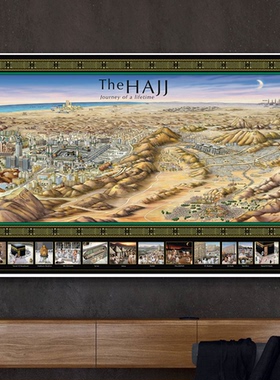 Mecca麦加全景装饰画 沙特阿拉伯城市地图中东风俗插画风景墙画