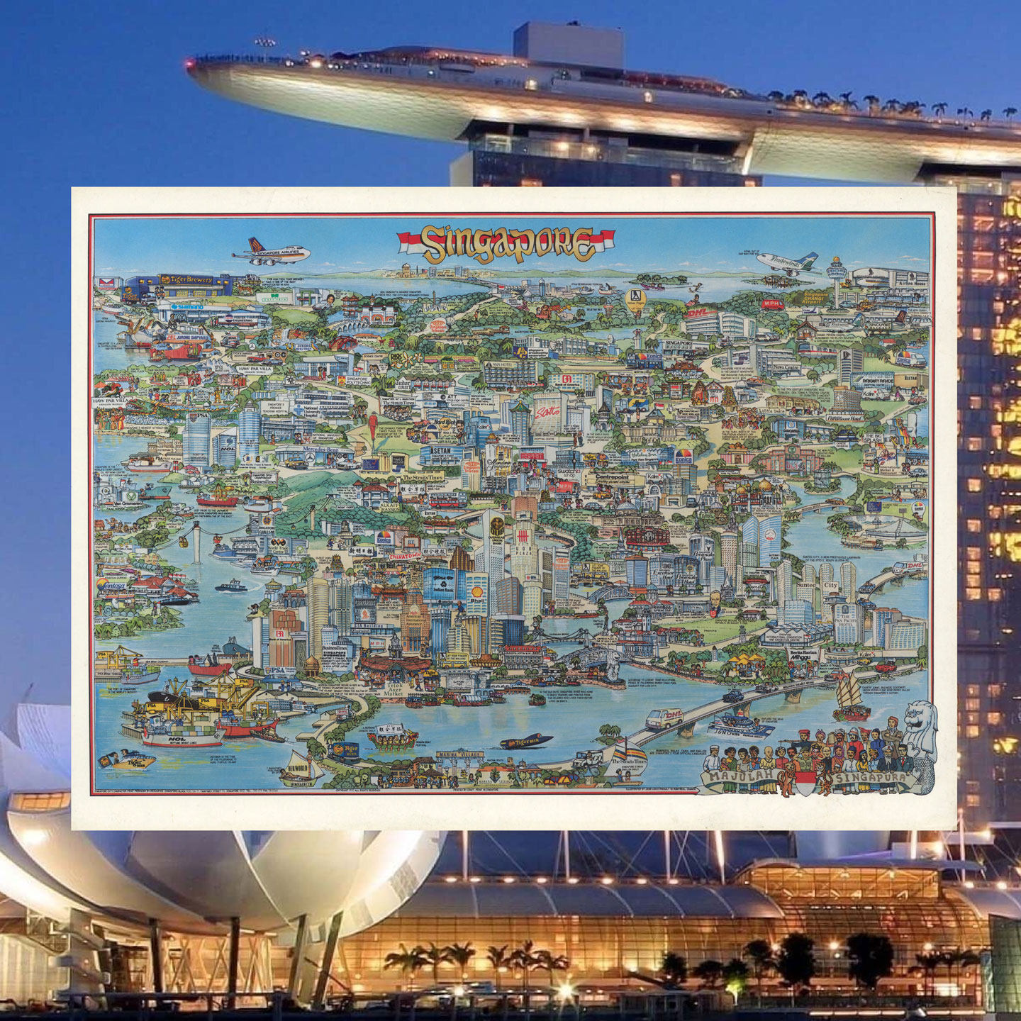 1990新加坡鸟瞰地图装饰画 Singapore东南亚城市旅游建筑客厅海报