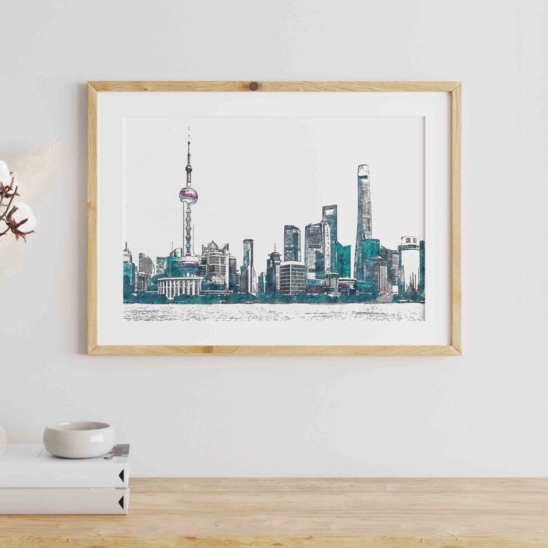 上海地标建筑天际线海报 外滩景色旅游纪念摩天大厦水彩速写墙画