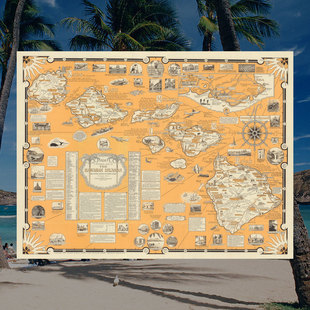 1960夏威夷图解地图海报 Hawaiian Islands旅游指南墙画装饰画