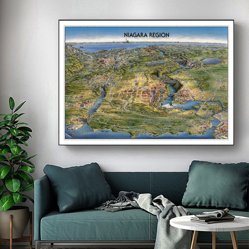 尼亚加拉瀑布鸟瞰手绘地图壁画