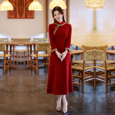 妈妈婚礼旗袍红色改良连衣裙不开衩水貂绒长袖加厚保暖女冬装高端