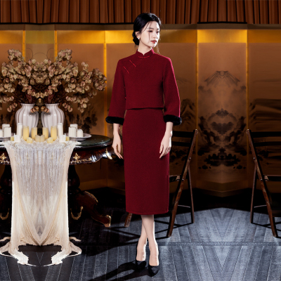 红色旗袍水貂绒加厚保暖冬季连衣裙小个子妈妈婚宴2件套装高级感