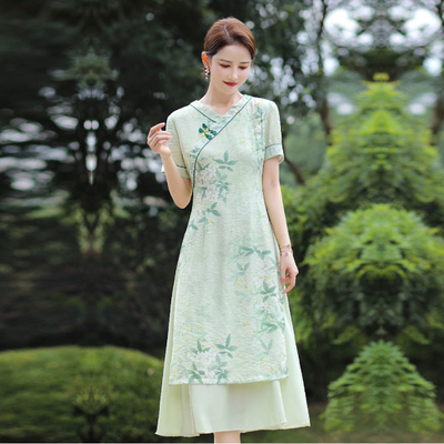 奥黛旗袍连衣裙V低领年轻女夏装