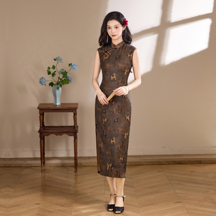 无袖长旗袍高级感马图案新中式改良连衣裙妈妈高考送考衣服中国风