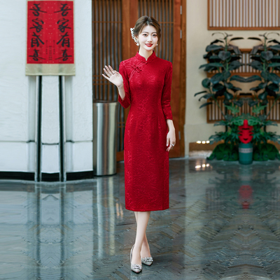 喜婆婆婚礼旗袍长袖红色礼服高级