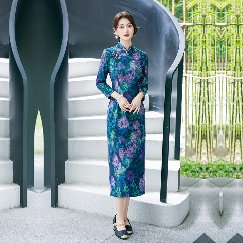 绿色旗袍秋冬季妈妈长袖女装保暖图片