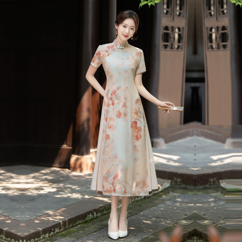 改良长旗袍连衣裙奥黛礼服中年女妈妈日常薄夏装年轻款复古中国风