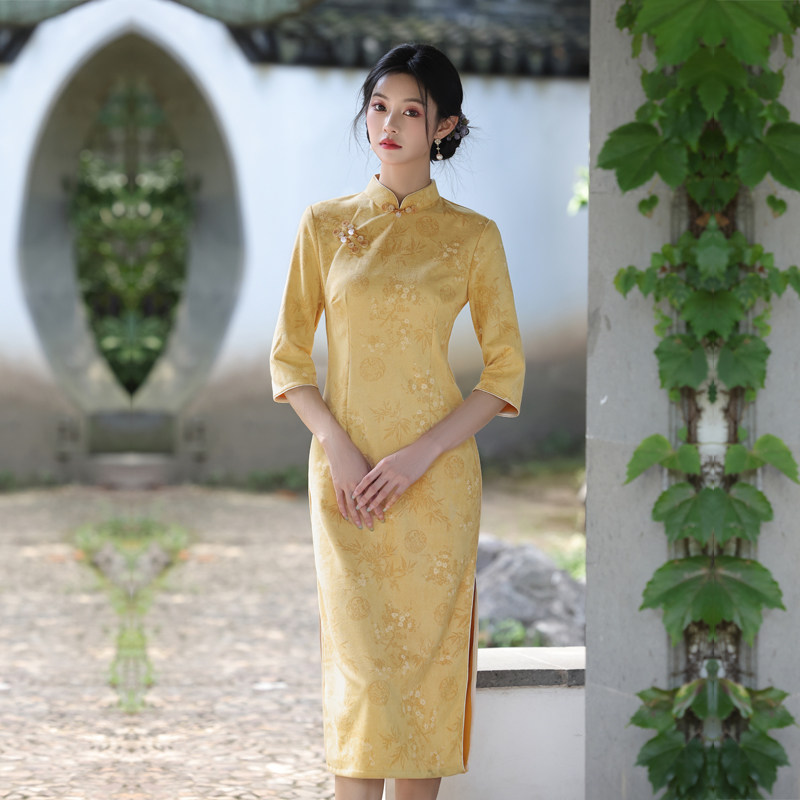 黄色旗袍新中式年轻款小个子秋装