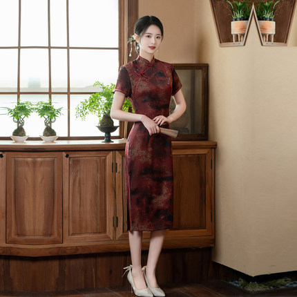 醋酸旗袍遮肚子夏季连衣裙小个子中老年女妈妈复古礼服胖mm加大码