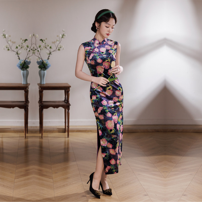 无袖旗袍长款钻石丝绒春秋季女装老年女妈妈日常年轻连衣裙高级感