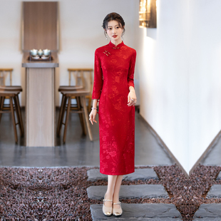 妈妈婚礼旗袍中国红年轻款小个子7分长袖改良连衣裙外嫁女演出服