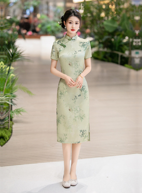 绿色旗袍妈妈高考送考竹叶新式连衣裙小个子春夏季日常女装中国风