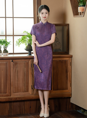 紫色旗袍高考送考妈妈年轻洋气夏季女装遮肚子日常醋酸裙胖mm大码