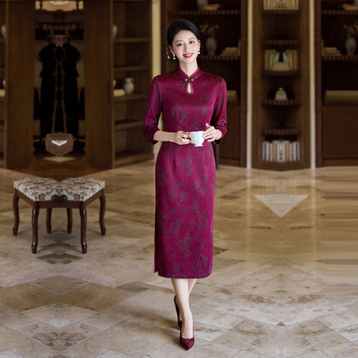 紫色旗袍妈妈婚宴敬酒服秋装大码