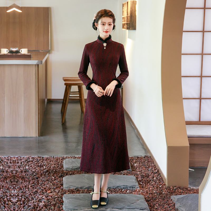 加绒长袖旗袍无开衩妈妈秋冬女装