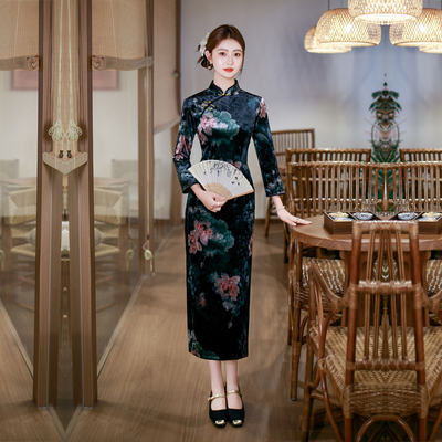 黑色丝绒弹力旗袍妈妈长袖演出服