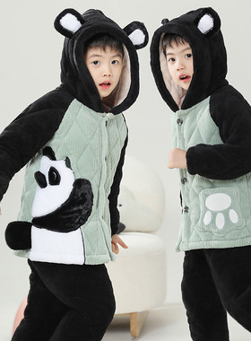 2025冬新款加厚棉衣男女中大童家居服儿童睡衣套装三层夹棉