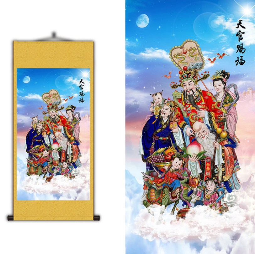 福禄寿喜财五星图客厅装饰挂画三星高照祝寿丝绸卷轴画招财挂件