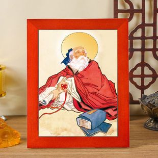 新款月老画像挂画喜结良缘月下老人喜媒神牵红绳实木框摆台框画