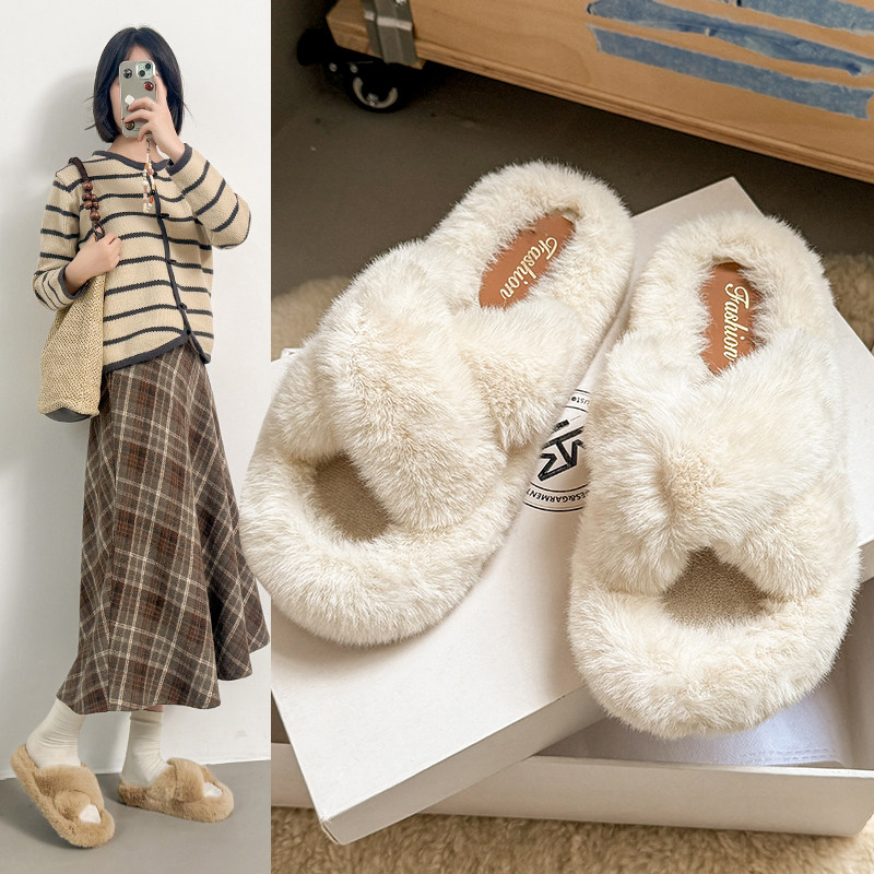 交叉毛毛拖鞋女外穿2025新款韩版ins家用秋冬季厚底保暖棉拖鞋,女鞋,毛毛鞋,淘宝优惠券,粉丝福利购,淘宝优惠卷