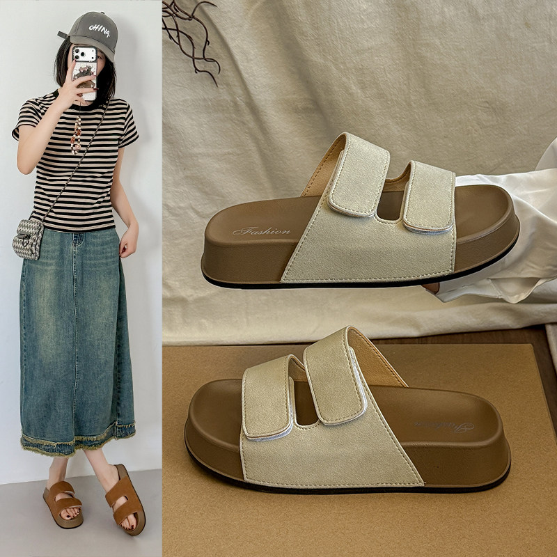 2026年夏季防滑拖鞋女外穿时装凉鞋厚底休闲平底魔术贴时尚沙滩鞋,女鞋,一字拖,淘宝优惠券,粉丝福利购,淘宝优惠卷