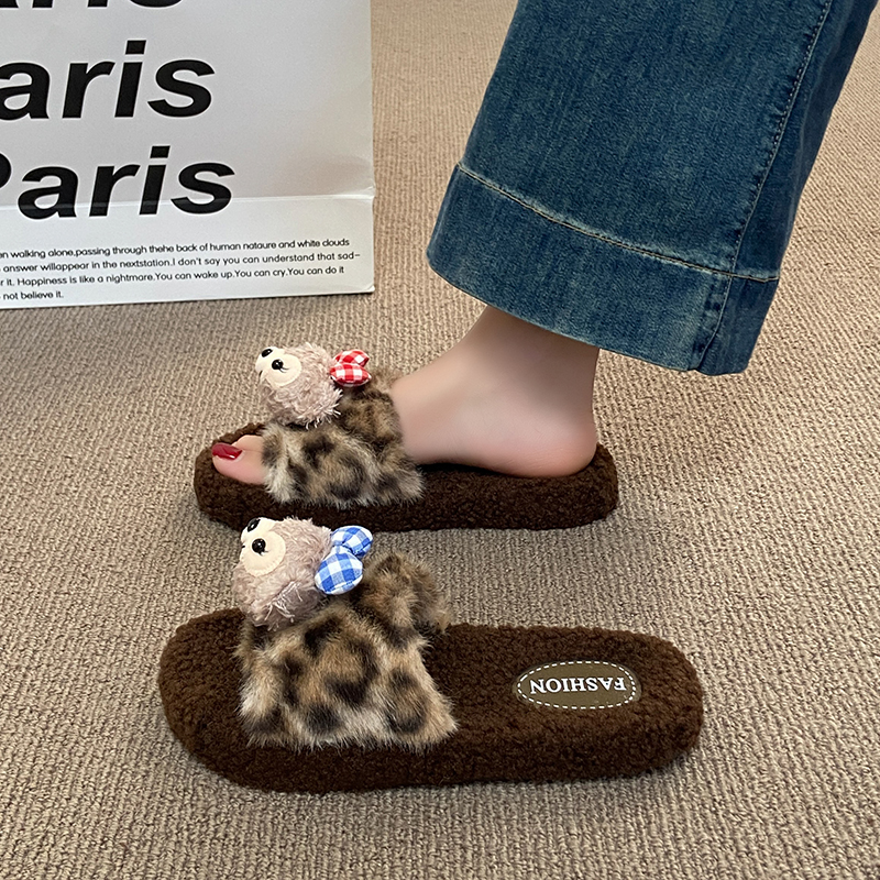 豹纹毛毛拖鞋女2025新款秋冬季可爱家用室内防滑居家鞋棉拖鞋女士