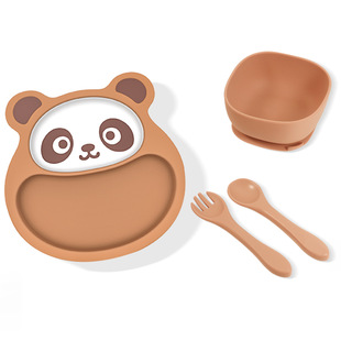 小熊猫食品级硅胶餐盘带吸盘辅食防摔宝宝吃饭耐高温喂养餐具