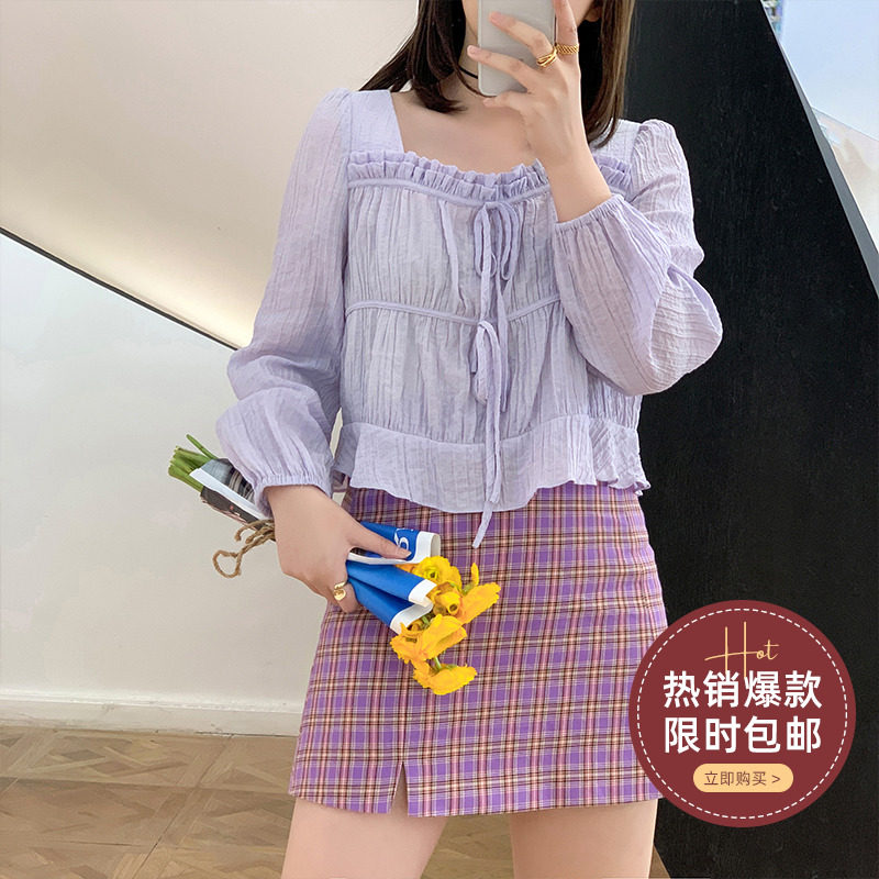 【125斤唐不灵Bling】胖mm大码上衣宽松显瘦U领长袖夏季紫色小衫