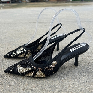 新款 女穆勒鞋 7CM法式 亮片串珠尖头高跟凉鞋 时尚 西班牙2025年夏季