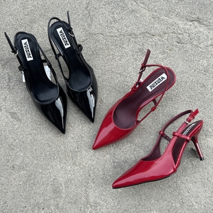 百搭一字扣尖头高跟鞋 西班牙潮牌 新款 女细跟2025年夏季 包头凉鞋