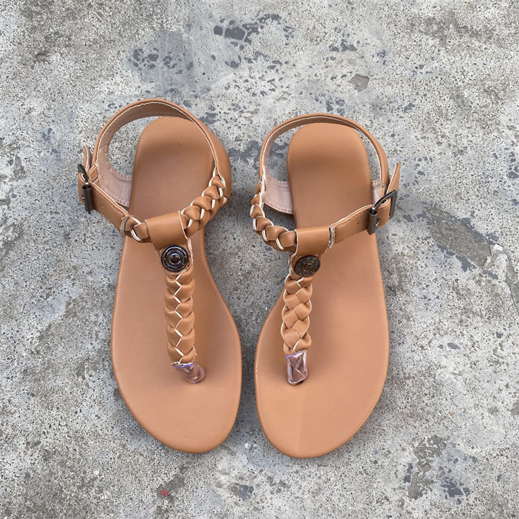 外贸大码2023夏季休闲罗马风编织带人字夹脚平底鞋一字扣带女凉鞋