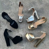 性感T台超高跟鱼嘴露趾粗跟一字扣带女凉鞋 外贸原单2025夏季 新款