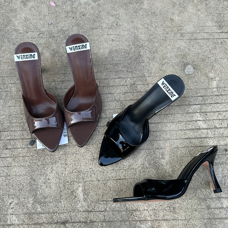 2025年夏季新款仙女风漆皮镜面休闲穆勒鞋细高跟尖头一字凉拖鞋女,女鞋,一字拖,淘宝优惠券,粉丝福利购,淘宝优惠卷