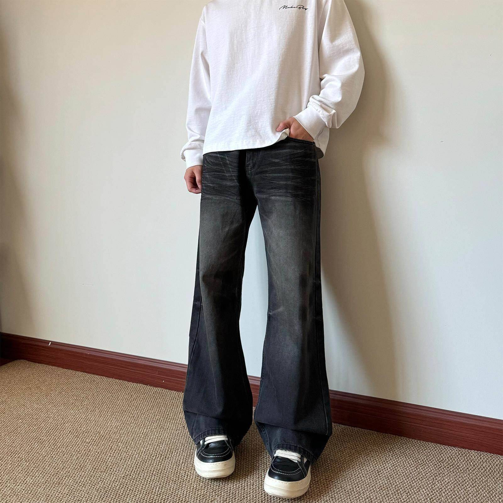 布老哥Blog美式覆古褶皱毛絮牛仔裤水洗宽松小微喇直筒长裤潮K727