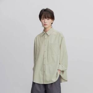 雾撞山野日系覆古简约绿条纹衬衫男女宽松休闲衬衣上衣少年感春季