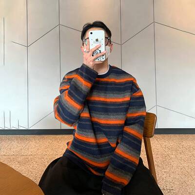 橙色条纹春圆撞领色3685厚棉T男秋日系原宿宽风穿搭松彷羊毛绒长