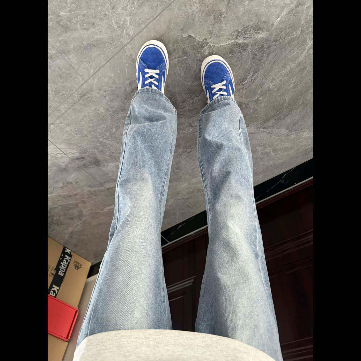 怪兽实验室浅蓝色水洗牛仔裤男美式高街微喇叭裤子加绒修身直筒裤