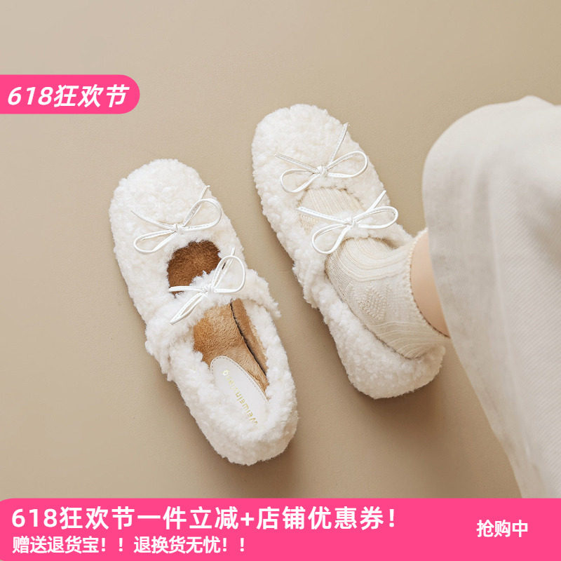 少女心啊 羊羔毛白色蝴蝶结玛丽珍内加绒毛毛鞋平底精致公主鞋