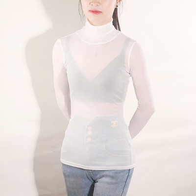 超薄网纱打底衫女秋冬高领黑纱透明透肉白色蕾丝薄纱内搭防晒纱衣