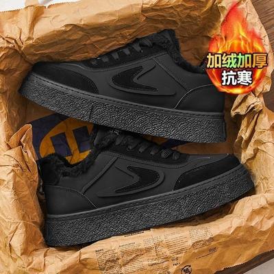 加绒加厚男鞋2025新款冬季透气潮流百搭黑色男士防滑耐磨厚底板鞋