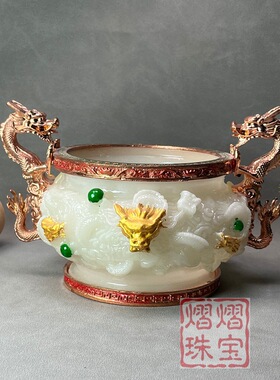 夜光玉石九龙聚宝盆高档商务礼品工艺品家居会展长辈礼品摆件代发