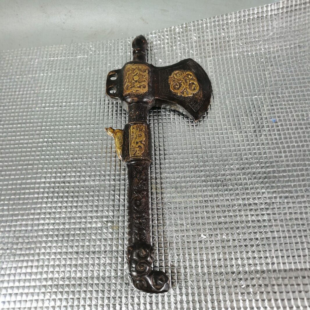 铜鎏金斧子法器摆件双龙神鸟精工斧头居家府上有龙老铜艺收藏摆设