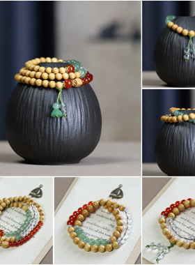 檀香木双圈手链DIY国风文玩佛珠手串配饰男女情侣款念珠手饰木串